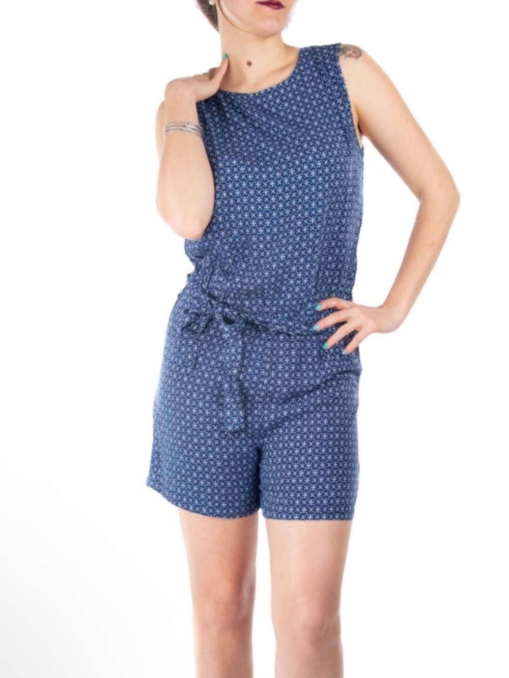 JDY Boho Coastal Mediterranean Blue White Patterned Romper